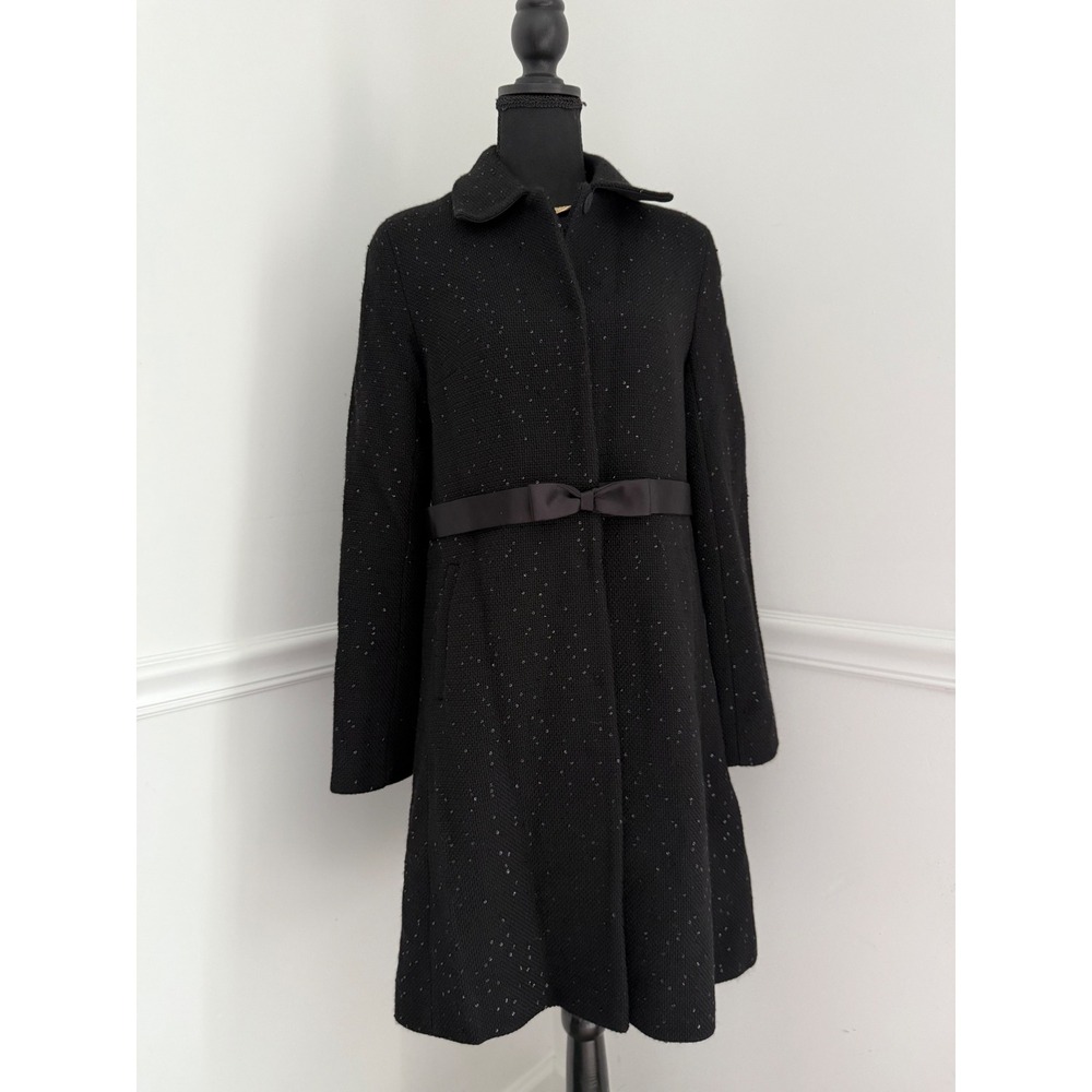 Chic wool coat DKNY Black Sequin Tweed A-Line Satin Bow Belt elegant women Sz M